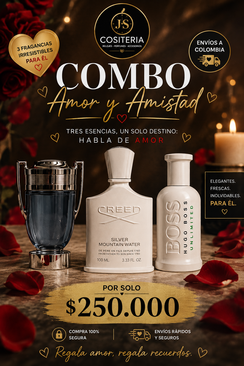 Combo Amor y Amistad Para Él — 3 Fragancias Creed Hugo Boss Invictus
