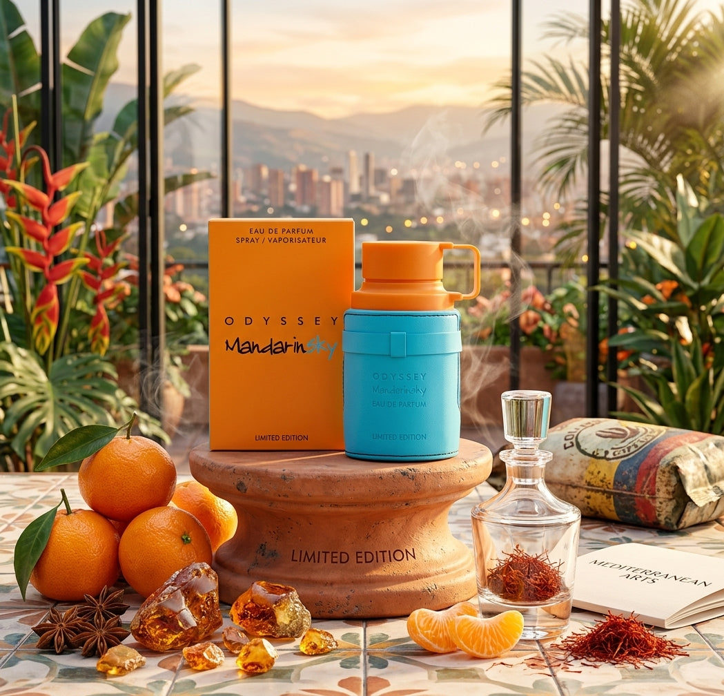 Odyssey Mandarin Sky EDP edición limitada frasco azul turquesa tapa naranja