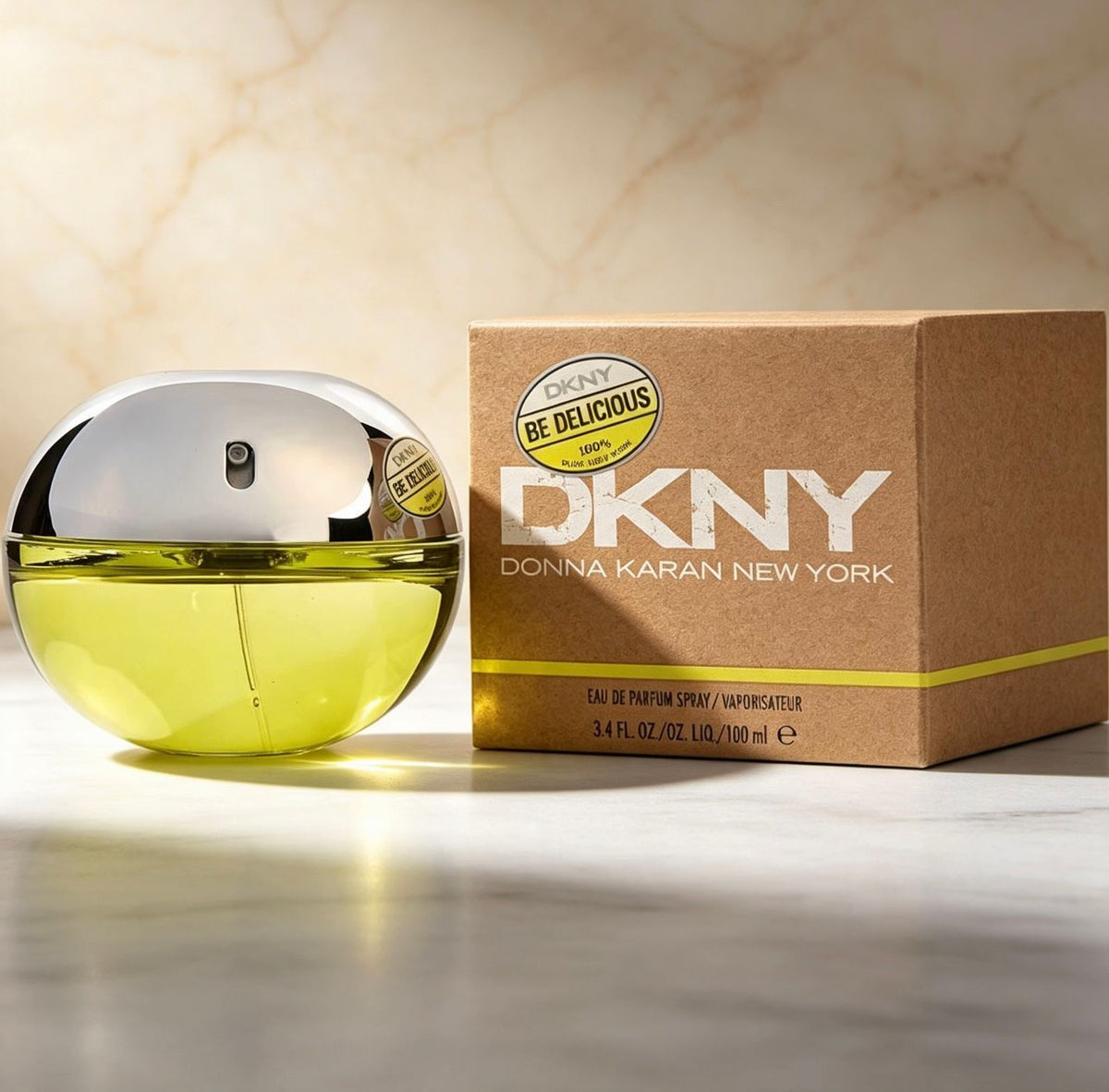 DKNY Be Delicious EDP 100ml frasco esfera verde con tapa plateada