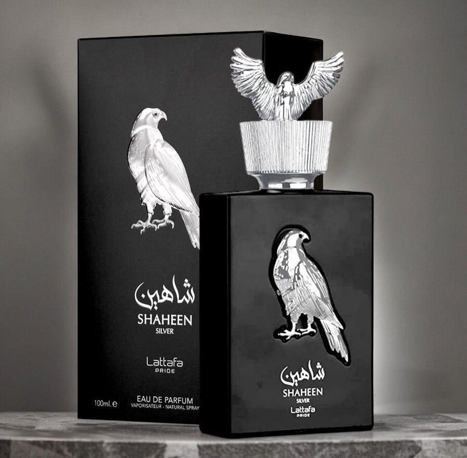 Shaheen Silver Lattafa Pride EDP 100ml frasco negro con halcón plateado