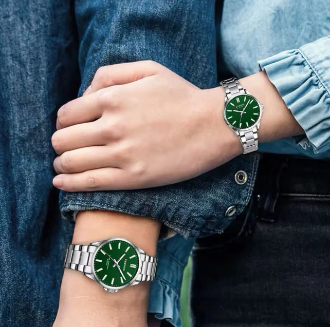Relojes de Pareja Curren 9090 - Plateado Fondo Verde