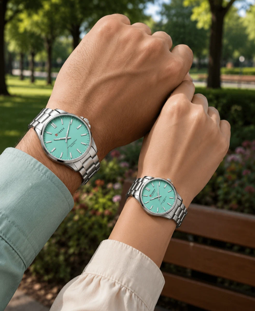 Relojes de Pareja Curren 9090 - Plateado Fondo Verde Menta